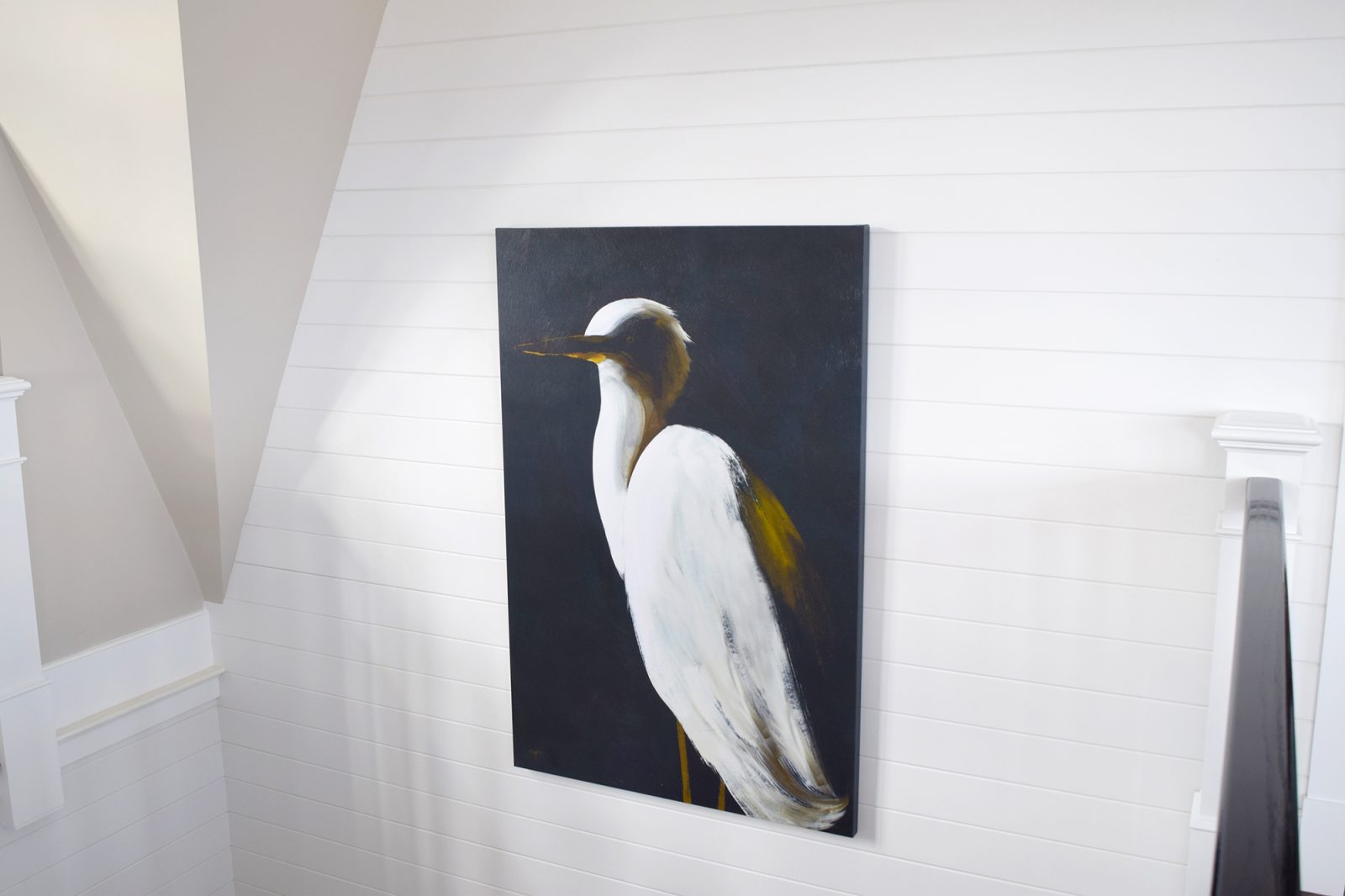 Bay Side Beach House Shiplap Walls with Cape Cod Bird Painting